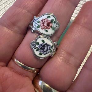 SOLD***Antique Very Rare Guilloche Enamel Roses Flower Silver Heart Bypass Ring